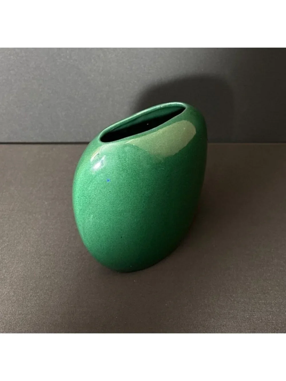 Vintage Green Vase Ceramic Glossy Finish Asymmetrical Oval Shape Modern Design